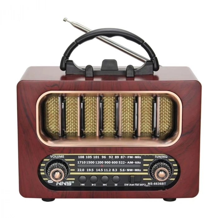 Orta Boy Retro Ahşap Tasarım Bluetooth Hoparlörlü Radyo – FM/AM Destekli, Şarjlı ve Taşınabiliri Radyo NS-6636 (5365)