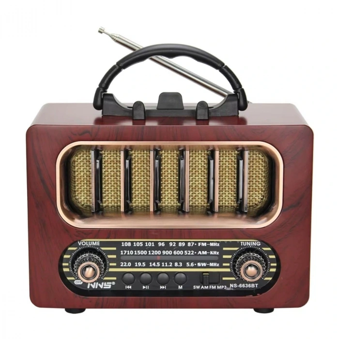 Orta Boy Retro Ahşap Tasarım Bluetooth Hoparlörlü Radyo – FM/AM Destekli, Şarjlı ve Taşınabiliri Radyo NS-6636 (5365)