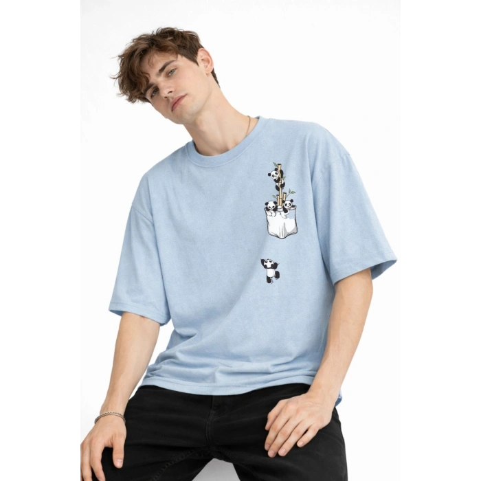 Panda - Baskılı Oversize Tişört AÇIK MAVİ