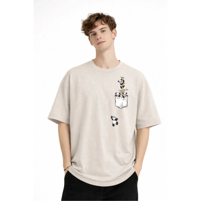 Panda - Baskılı Oversize Tişört BEJ