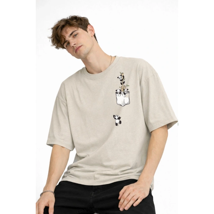 Panda - Baskılı Oversize Tişört BEJ