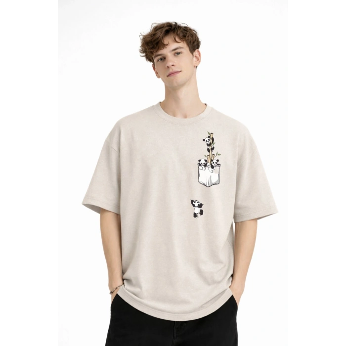 Panda - Baskılı Oversize Tişört BEJ