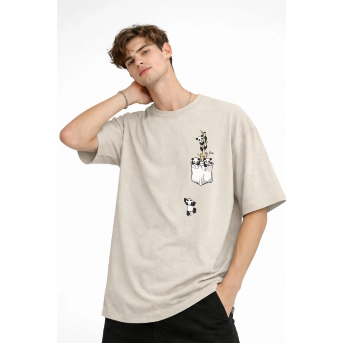 Panda - Baskılı Oversize Tişört BEJ