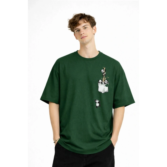 Panda - Baskılı Oversize Tişört HAKI