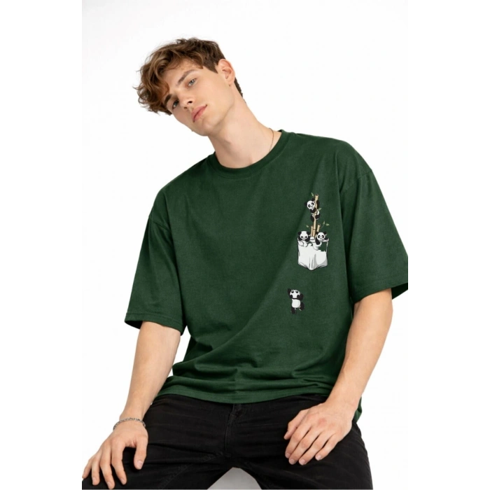 Panda - Baskılı Oversize Tişört HAKI