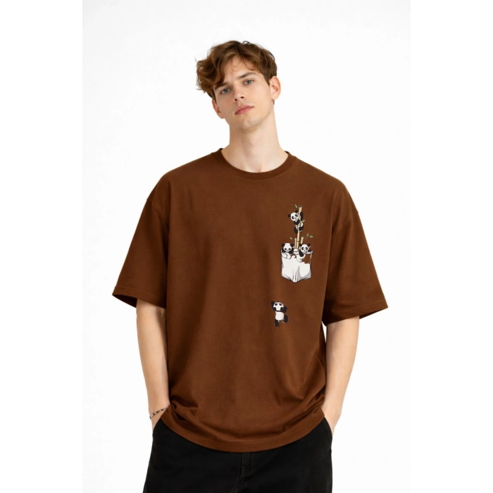 Panda - Baskılı Oversize Tişört KAHVE
