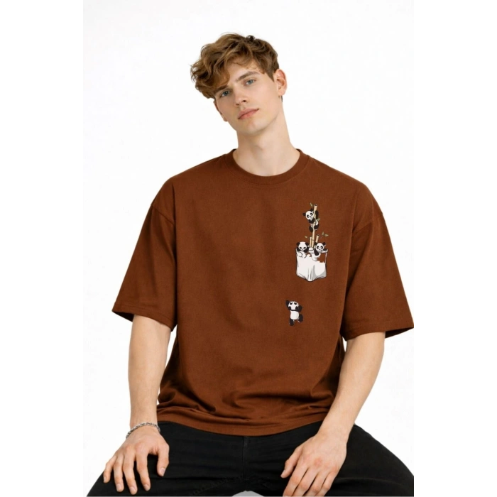 Panda - Baskılı Oversize Tişört KAHVE