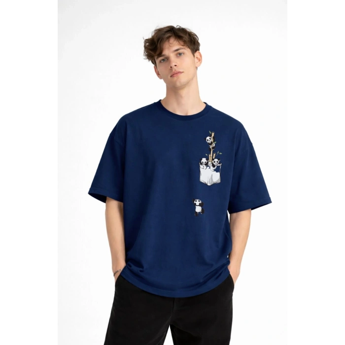 Panda - Baskılı Oversize Tişört LACIVERT