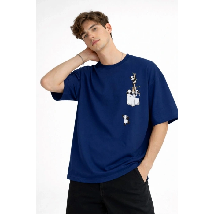 Panda - Baskılı Oversize Tişört LACIVERT