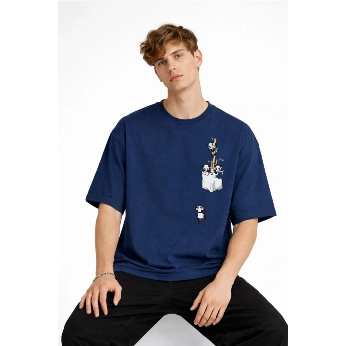 Panda - Baskılı Oversize Tişört LACIVERT