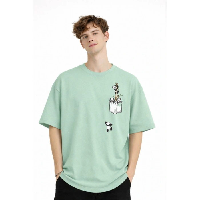 Panda - Baskılı Oversize Tişört SU YESILI