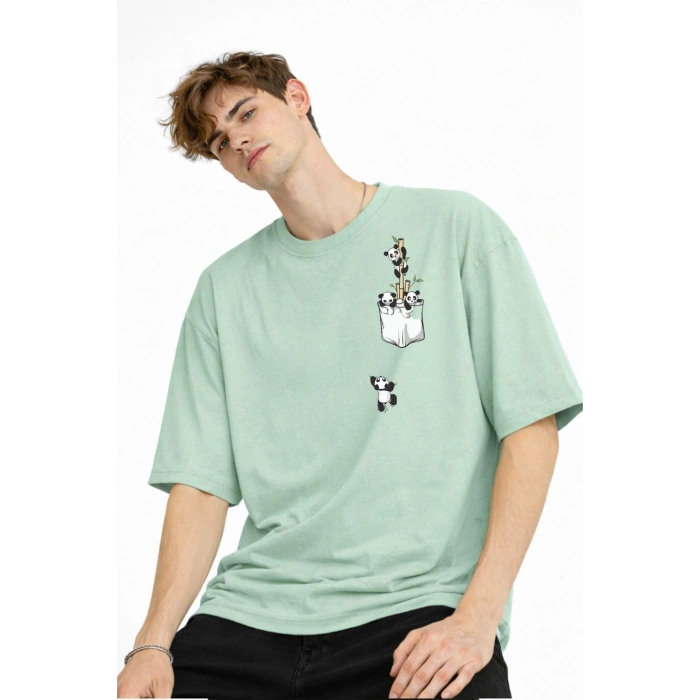 Panda - Baskılı Oversize Tişört SU YESILI