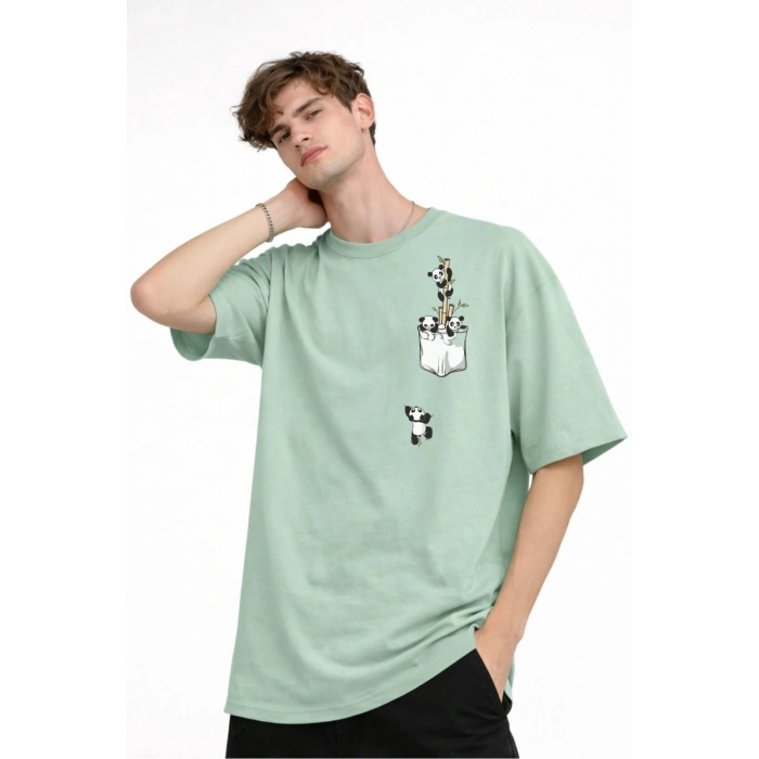 Panda - Baskılı Oversize Tişört SU YESILI