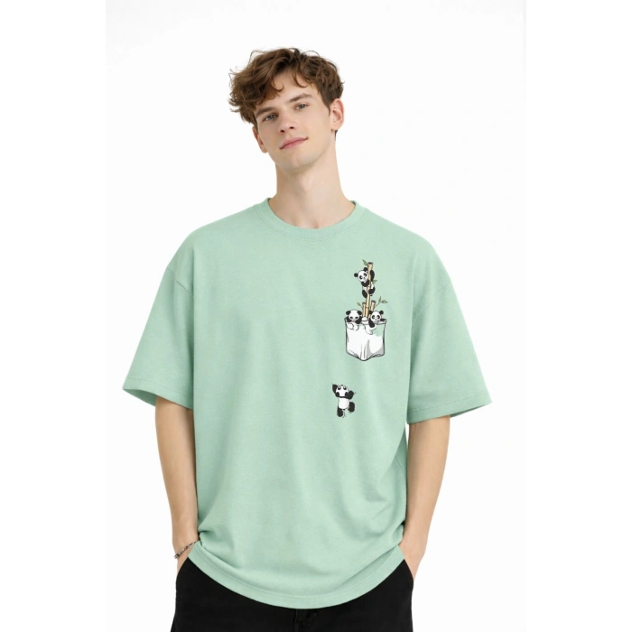 Panda - Baskılı Oversize Tişört SU YESILI