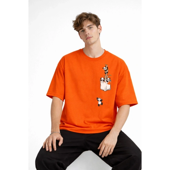 Panda - Baskılı Oversize Tişört TURUNCU