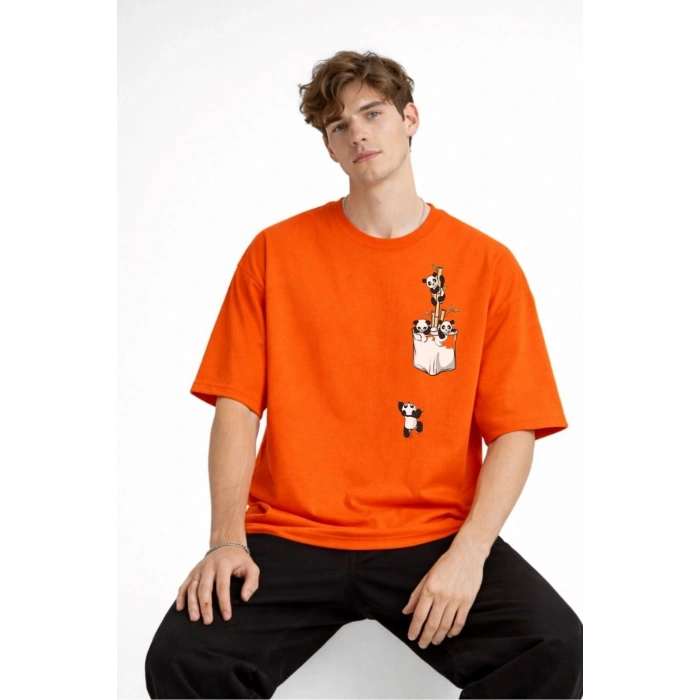 Panda - Baskılı Oversize Tişört TURUNCU