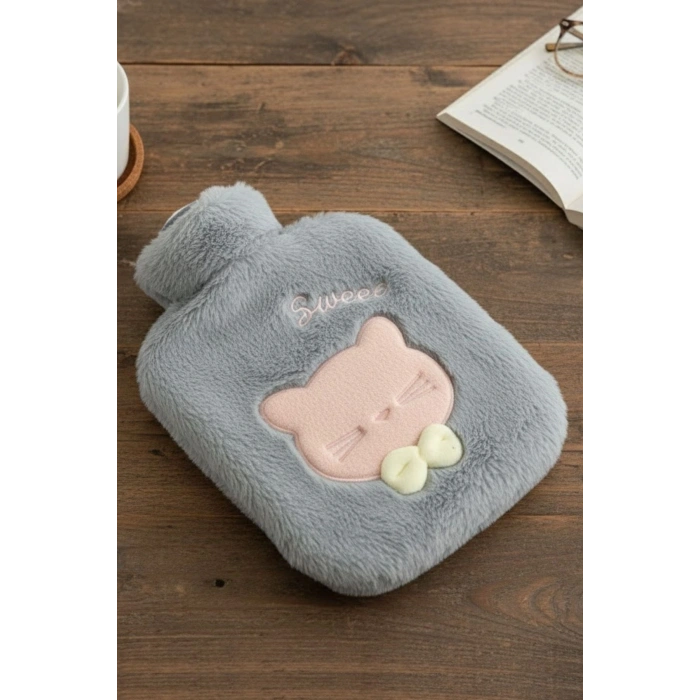 Papyonlu Kedi Figürlü Mavi renkli Peluş Sıcak Su Torbası 1 Lt – Yumuşak Kılıf, Uzun Süre Sıcak Tutan Termal Su Torbası