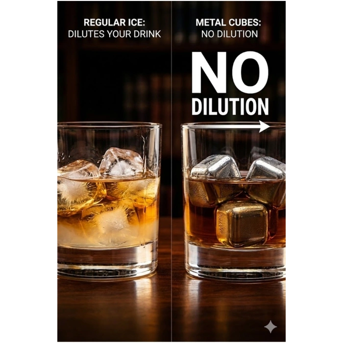 Paslanmaz Çelik Buz Küpü 4’lü Set – İçeceği Sulandırmadan Soğutucu Metal Taş