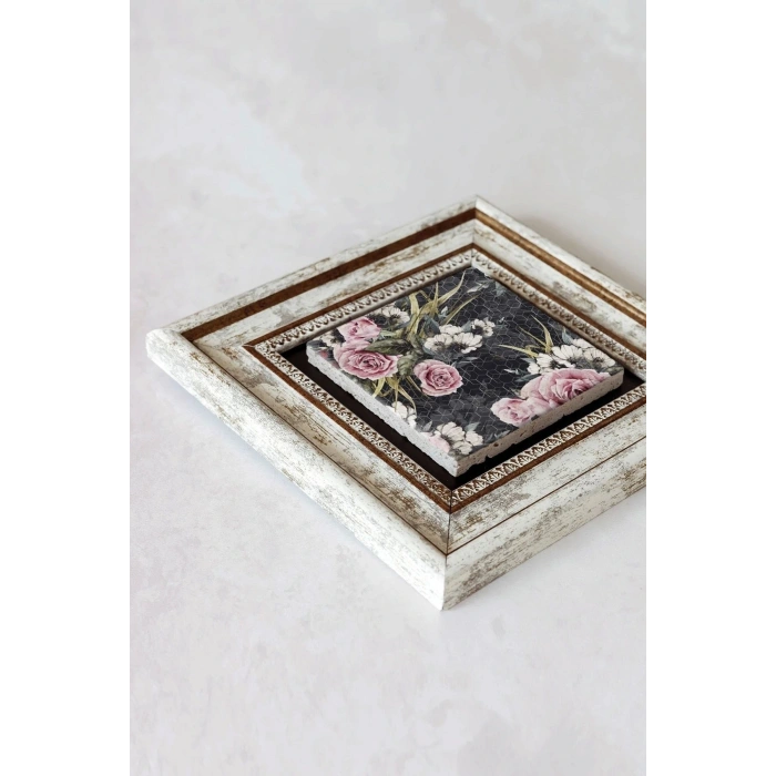 Pembe Çiçek Çerçeveli Taş Tablo , Çerçeveli Taş Duvar Dekoru-enkcrcvtbl-00150 20 cm