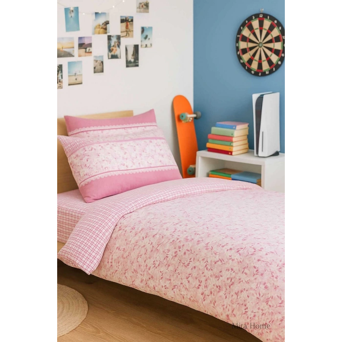 Pembe Çiçek Desenli Pamuklu Tek Kişilik Nevresim Takımı