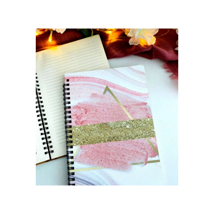 Pembe Gold Mermer Desen Baskılı Ahşap Defter
