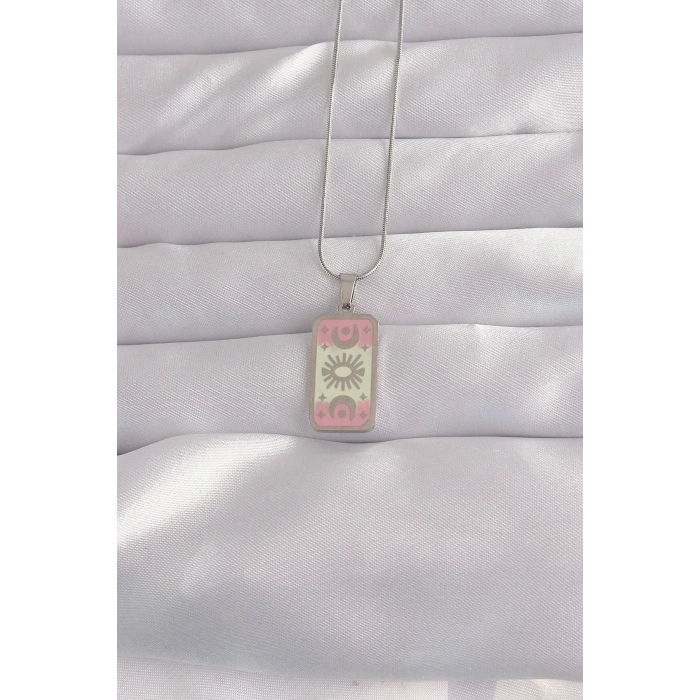 Pembe Mineli Tarot Kolye Çelik Gümüş Renk 1 Adet