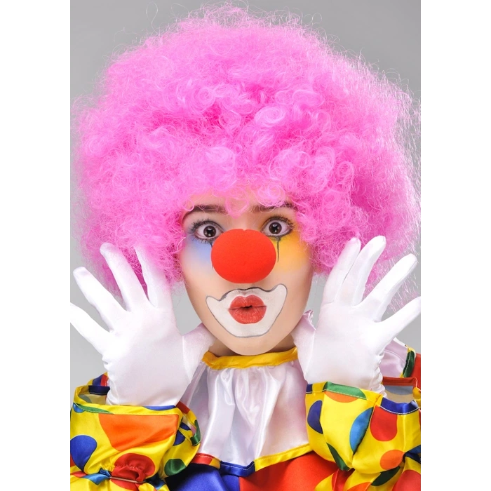 Pembe Renk Kıvırcık Afro Bonus Peruk Takma Saç ve Kırmızı Burun Seti (5365)