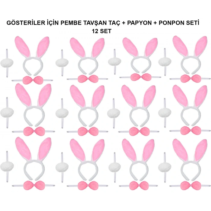 Pembe Tavşan Kostüm Seti – Taç, Papyon, Ponpon (12’li Paket)