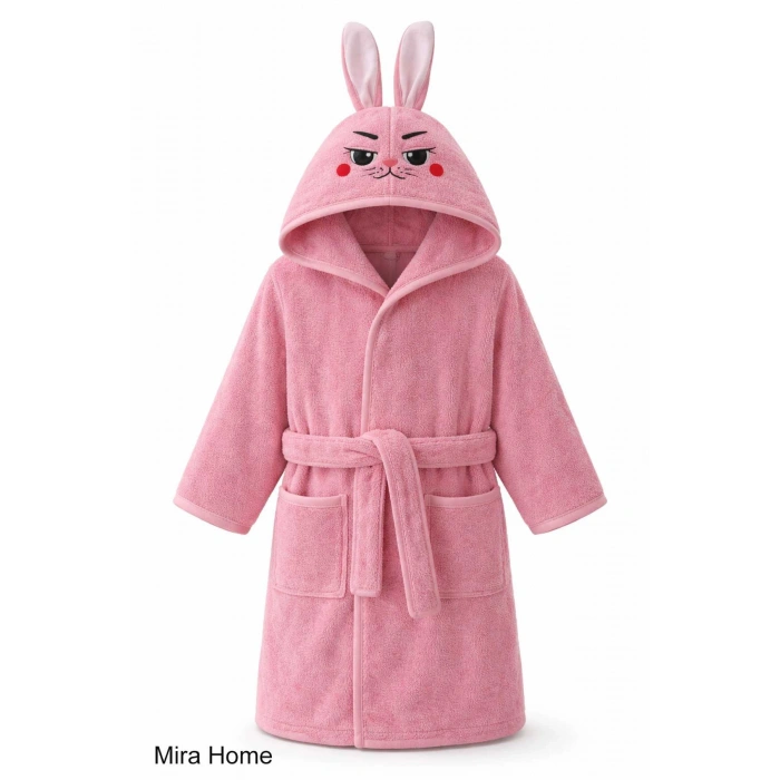 Pembe Tavşan Nakışlı Kulaklı Bebek ve Çocuk Bornozu