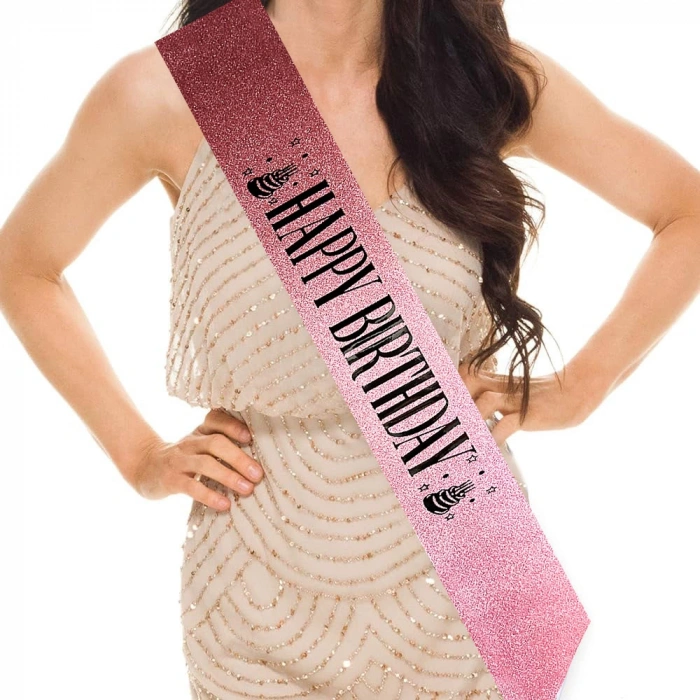 Pembe Üzeri Siyah Büyük Happy Birthday Yazılı Simli Işıltılı Kuşak Kemer 10 cm Genişlik (5365)