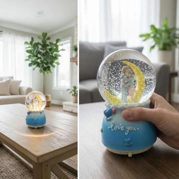 Pilli Işıklı Müzikli Kar Küresi–Hilal Ay Figürlü Romantik Masaüstü Biblo, LED Aydınlatmalı Dekoratif Hediyelik Kar Küresi (5365)