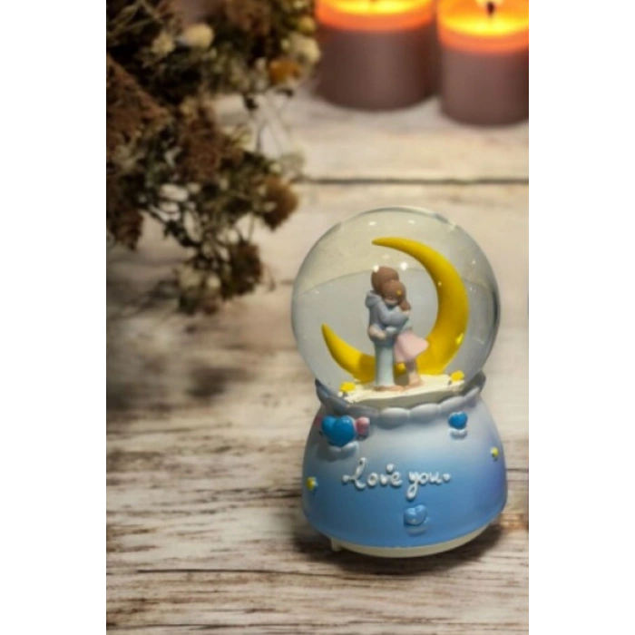 Pilli Işıklı Müzikli Kar Küresi–Hilal Ay Figürlü Romantik Masaüstü Biblo, LED Aydınlatmalı Dekoratif Hediyelik Kar Küresi