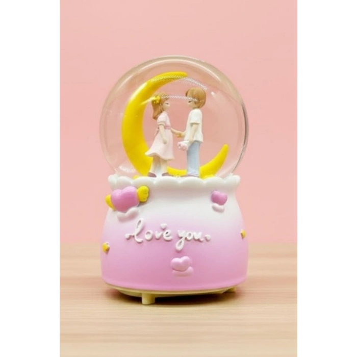 Pilli Işıklı Müzikli Kar Küresi–Hilal Ay Figürlü Romantik Masaüstü Biblo, LED Aydınlatmalı Dekoratif Hediyelik Kar Küresi