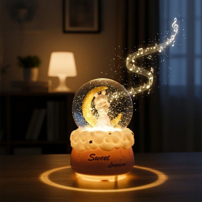 Pilli Işıklı Müzikli Kar Küresi–Hilal Ay Önünde Prenses Figürlü Eğlenceli Masaüstü Biblo, LED Aydınlatmalı Dekoratif Hediyelik Kar Küresi