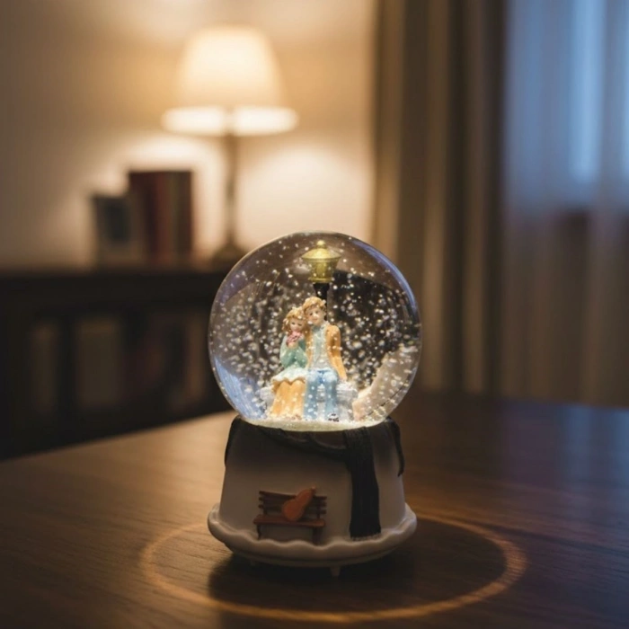 Pilli Işıklı Müzikli Kar Küresi–Kış Masalı Bankta Sevgili Figürlü Eğlenceli Masaüstü Biblo, LED Aydınlatmalı Dekoratif Hediyelik Kar Küresi (5365)