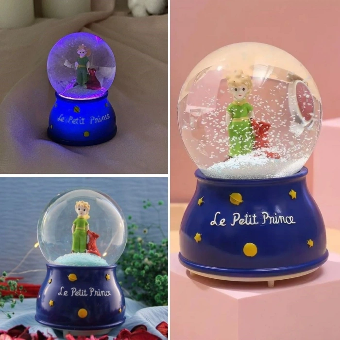 Battery-Powered Lighted Musical Snow Globe – Le Petit Little Prince Figure Fun Desktop Ornament, LED Illuminated Decorative Gift Snow Globe (5365)
