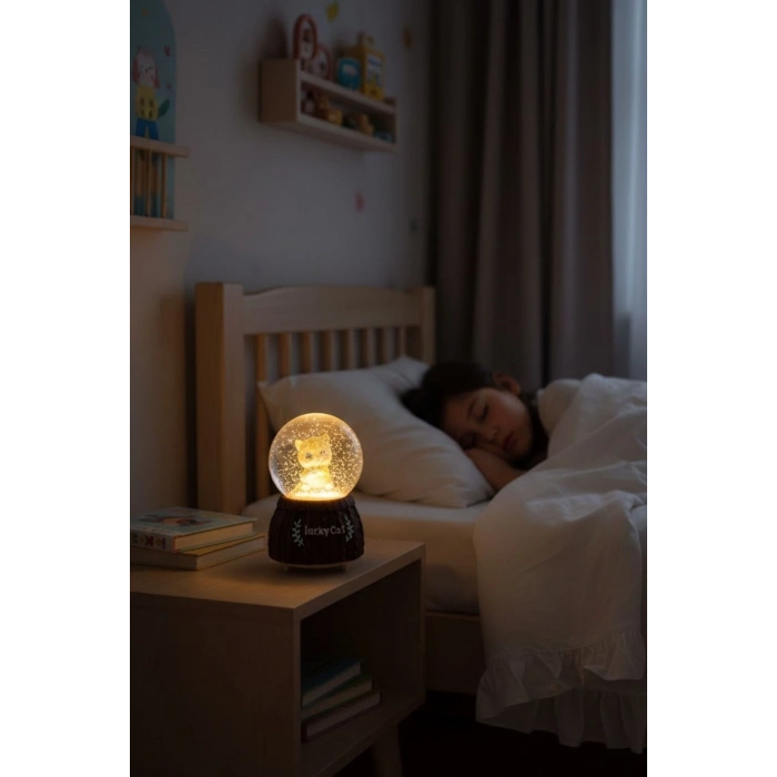 Pilli Işıklı Müzikli Kar Küresi–Şanslı Kedi Figürlü Eğlenceli Masaüstü Biblo, LED Aydınlatmalı Dekoratif Hediyelik Kar Küresi