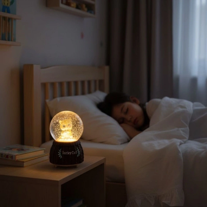 Pilli Işıklı Müzikli Kar Küresi–Şanslı Kedi Figürlü Eğlenceli Masaüstü Biblo, LED Aydınlatmalı Dekoratif Hediyelik Kar Küresi (5365)