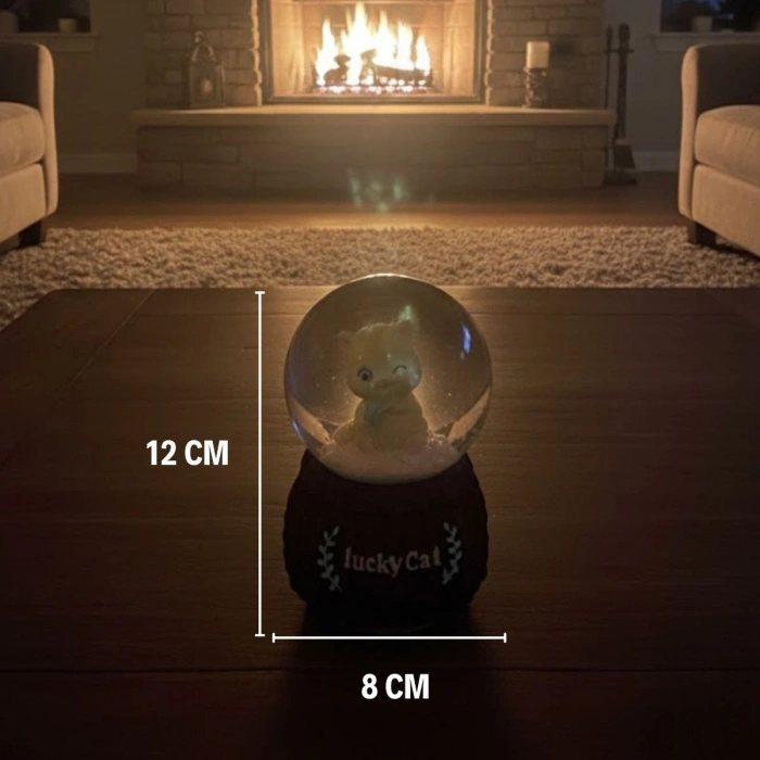 Pilli Işıklı Müzikli Kar Küresi–Şanslı Kedi Figürlü Eğlenceli Masaüstü Biblo, LED Aydınlatmalı Dekoratif Hediyelik Kar Küresi (5365)