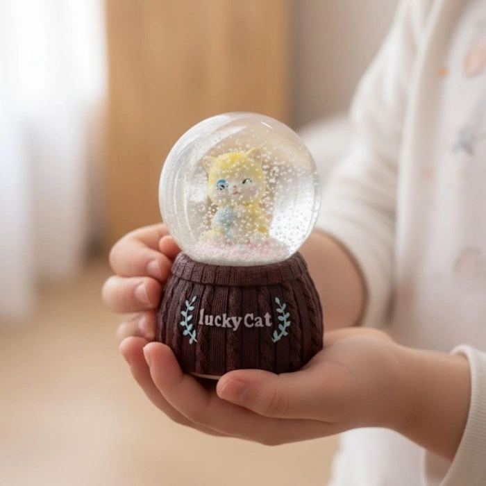 Pilli Işıklı Müzikli Kar Küresi–Şanslı Kedi Figürlü Eğlenceli Masaüstü Biblo, LED Aydınlatmalı Dekoratif Hediyelik Kar Küresi (5365)