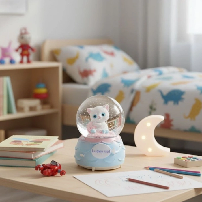 Pilli Işıklı Müzikli Kar Küresi–Şanslı Toplu Kedi Figürlü Eğlenceli Masaüstü Biblo, LED Aydınlatmalı Dekoratif Hediyelik Kar Küresi (5365)