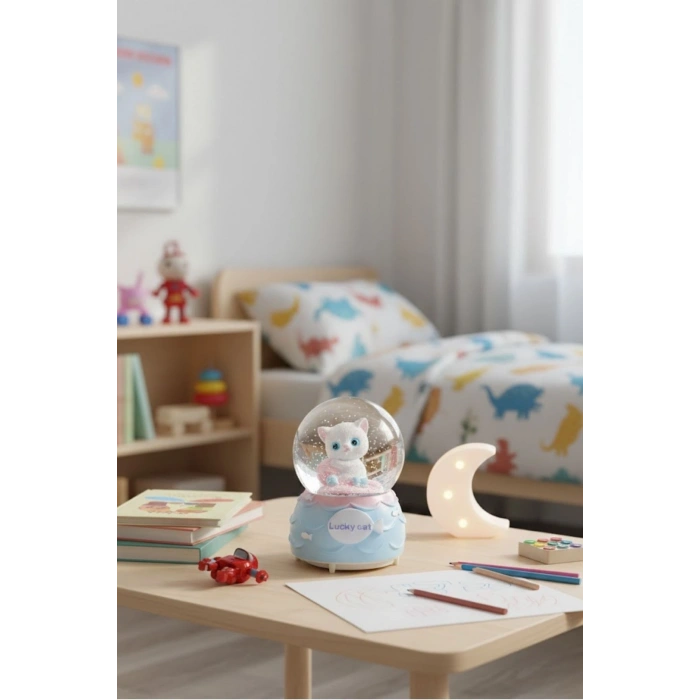Pilli Işıklı Müzikli Kar Küresi–Şanslı Toplu Kedi Figürlü Eğlenceli Masaüstü Biblo, LED Aydınlatmalı Dekoratif Hediyelik Kar Küresi