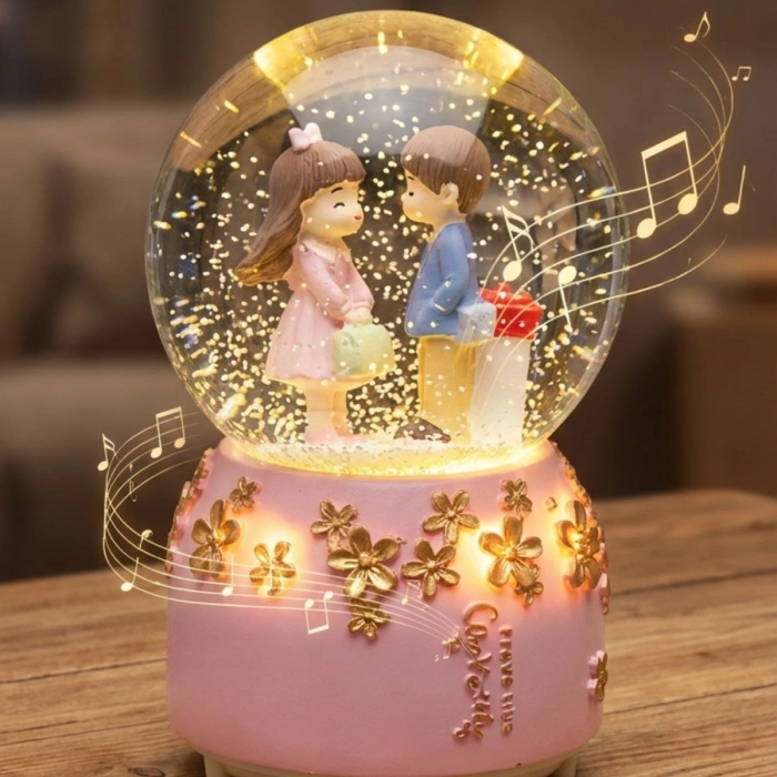 Pilli Işıklı Müzikli Kar Küresi–Sevgili Çiçek Detay Figürlü Eğlenceli Masaüstü Biblo, LED Aydınlatmalı Dekoratif Hediyelik Kar Küresi