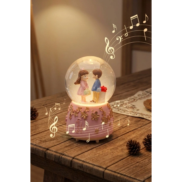 Pilli Işıklı Müzikli Kar Küresi–Sevgili Çiçek Detay Figürlü Eğlenceli Masaüstü Biblo, LED Aydınlatmalı Dekoratif Hediyelik Kar Küresi