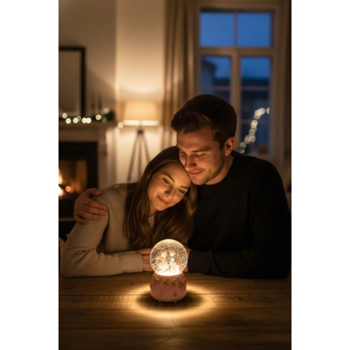 Pilli Işıklı Müzikli Kar Küresi–Sevgili Çiçek Detay Figürlü Eğlenceli Masaüstü Biblo, LED Aydınlatmalı Dekoratif Hediyelik Kar Küresi