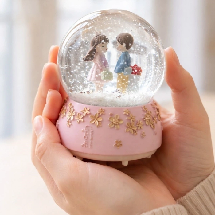Pilli Işıklı Müzikli Kar Küresi–Sevgili Çiçek Detay Figürlü Eğlenceli Masaüstü Biblo, LED Aydınlatmalı Dekoratif Hediyelik Kar Küresi (5365)