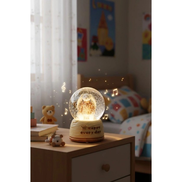 Pilli Işıklı Müzikli Kar Küresi–Sevimli Ayıcık Figürlü Eğlenceli Masaüstü Biblo, LED Aydınlatmalı Dekoratif Hediyelik Kar Küresi