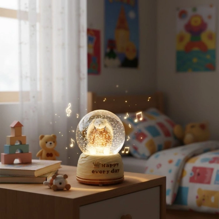 Pilli Işıklı Müzikli Kar Küresi–Sevimli Ayıcık Figürlü Eğlenceli Masaüstü Biblo, LED Aydınlatmalı Dekoratif Hediyelik Kar Küresi (5365)