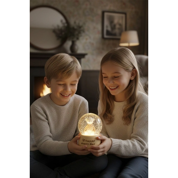 Pilli Işıklı Müzikli Kar Küresi–Sevimli Ayıcık Figürlü Eğlenceli Masaüstü Biblo, LED Aydınlatmalı Dekoratif Hediyelik Kar Küresi