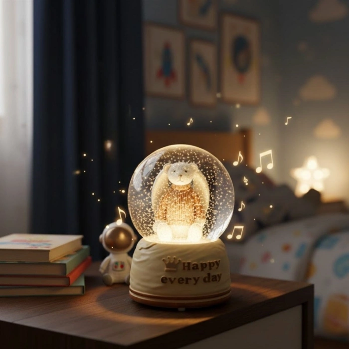 Pilli Işıklı Müzikli Kar Küresi–Sevimli Ayıcık Figürlü Eğlenceli Masaüstü Biblo, LED Aydınlatmalı Dekoratif Hediyelik Kar Küresi (5365)